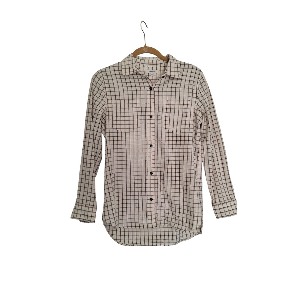 Madewell Women Small Windowpane Plaid Flannel Button Down Shirt Cream NWT
